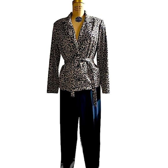 Vintage 90s Briggs New York tie waist leopard print jacket pants suit size 10. - Picture 1 of 16